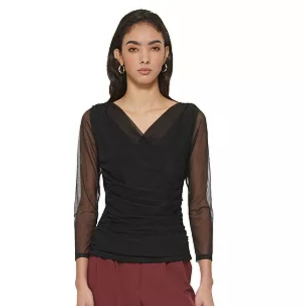 DKNY Mesh Faux Wrap Top, NWT, Size Large